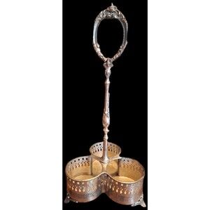 Antique 3 Bottle Silver Plate Cruet Caddy  Decanter Trefoil Tantalus 17" Tall